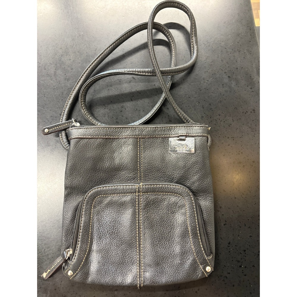 Tignanello Black Pebbled Leather Crossbody Bag Organizer Purse‎ Silver Hardware